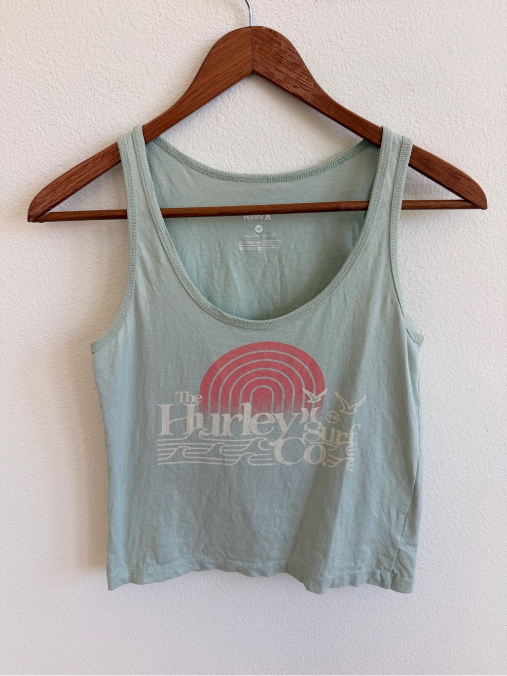 Hurley Light Mint Green Graphic Crop Tank with Pink Sunset